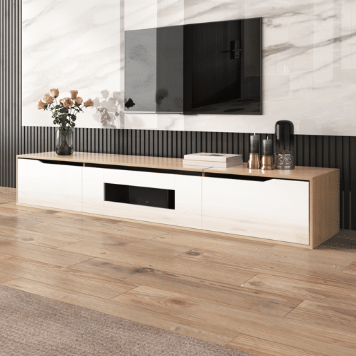 Móvel de TV 180cm de painel de partículas com luz lED e portas,branco+natural