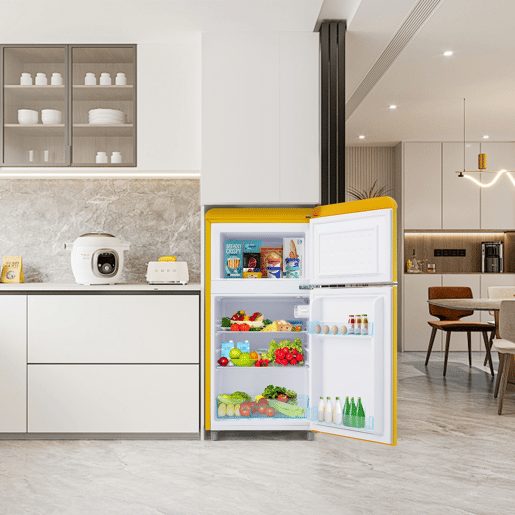 Frigorífico mini retro 91cm 72L de ferro e plástico com 2 portas e luz led,amarelo