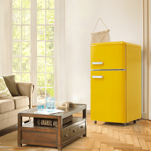 Frigorífico mini retro 91cm 72L de ferro e plástico com 2 portas e luz led,amarelo