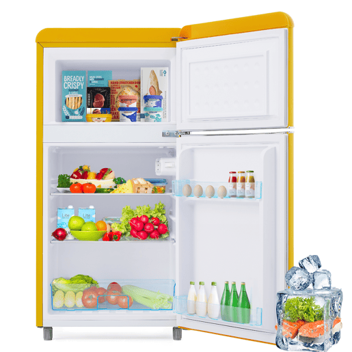 Frigorífico mini retro 91cm 72L de ferro e plástico com 2 portas e luz led,amarelo