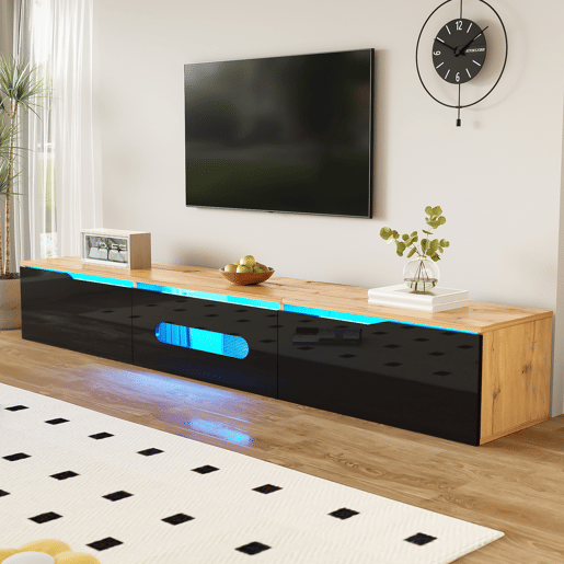 Móvel de TV 180cm de mdf e painel de partículas com 3 portas giratórias e luz led,preto+madeira