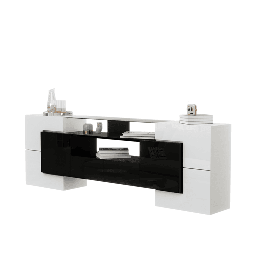 Móvel de TV 200cm de painel de partículas com 4 portas,2 gavetas e luz led,branco+preto