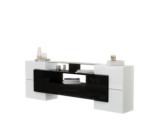 Mueble TV 200cm de panel de partículas con 4 puertas,2 cajones y luz led,blanco+negro