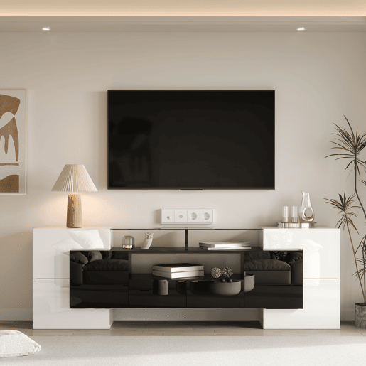 Móvel de TV 200cm de painel de partículas com 4 portas,2 gavetas e luz led,branco+preto