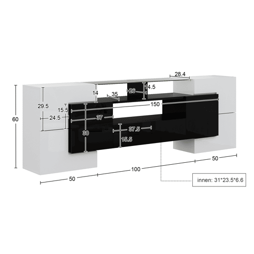 Móvel de TV 200cm de painel de partículas com 4 portas,2 gavetas e luz led,branco+preto