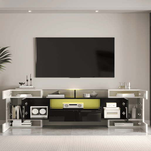 Móvel de TV 200cm de painel de partículas com 4 portas,2 gavetas e luz led,branco+preto