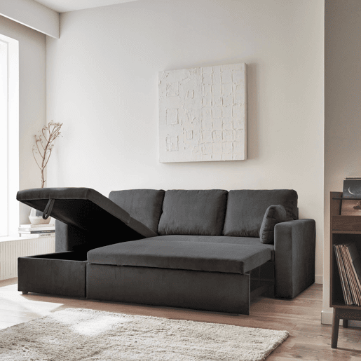 Sofá-cama de canto conversível de veludo canelado grosso de 3 lugares, Ida veludo canelado, Cinza escuro, 219x84x68 cm