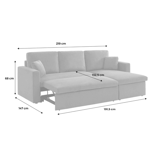 Sofá-cama de canto conversível de veludo canelado grosso de 3 lugares, Ida veludo canelado, Cinza escuro, 219x84x68 cm