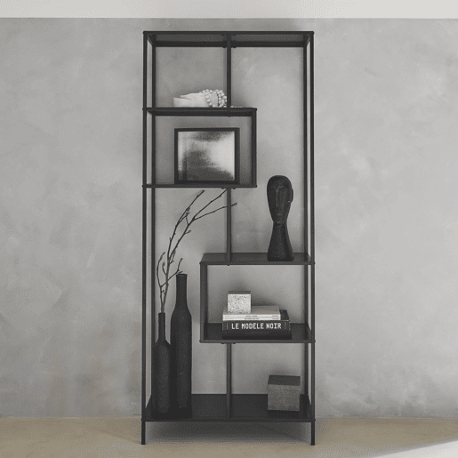 Estante assimétrica de 6 níveis em metal preto, Industrial, Preto, 77x33x185 cm
