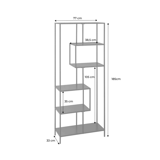Estante assimétrica de 6 níveis em metal preto, Industrial, Preto, 77x33x185 cm