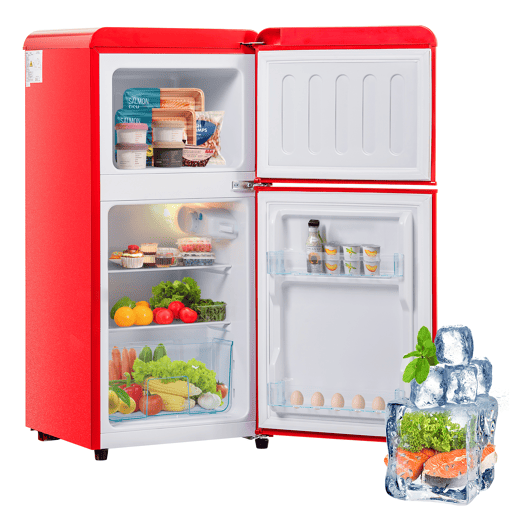 Frigorífico mini retro 88,8cm 60L de ferro e plástico com 2 portas e luz led,vermelho