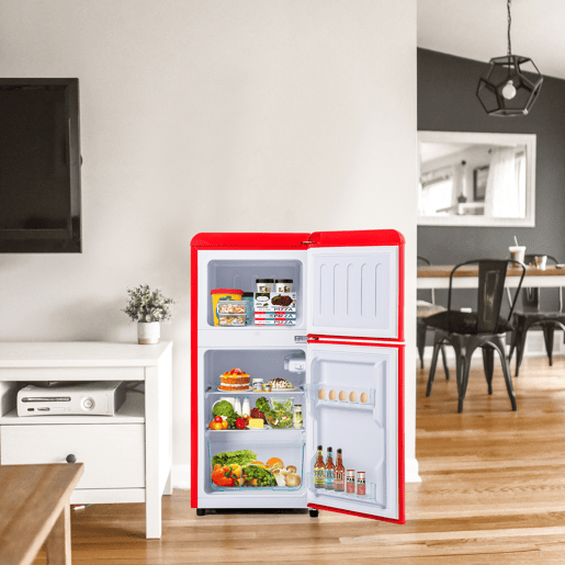 Frigorífico mini retro 88,8cm 60L de ferro e plástico com 2 portas e luz led,vermelho