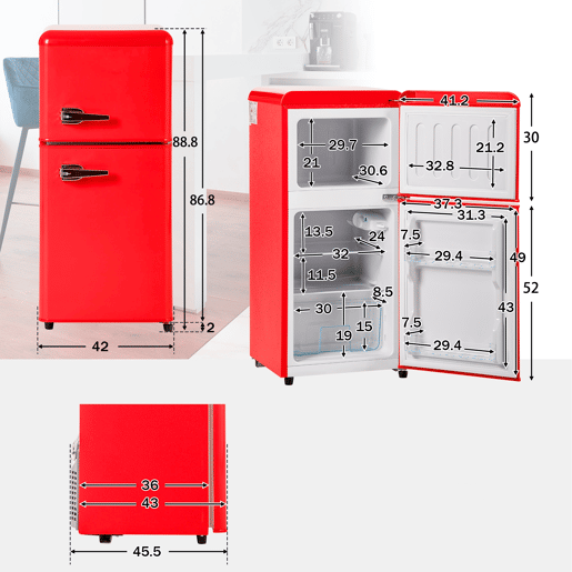 Frigorífico mini retro 88,8cm 60L de ferro e plástico com 2 portas e luz led,vermelho
