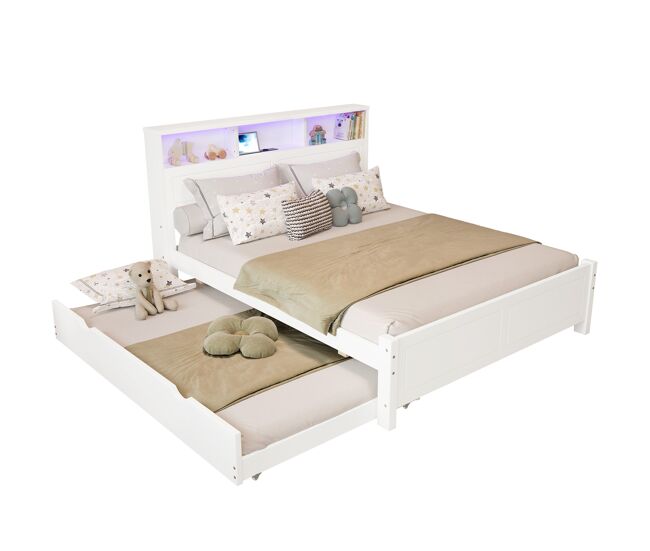 Cama nido de madera de pino y mdf 90x190(120x200)cm con luz led,blanco