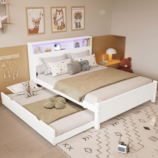 Cama gavetão de madeira de pinho y mdf 90x190(120x200)cm com luz led,branco Cama gavetão de madeira de pinho y mdf 90x190(120x200)cm com luz led,branco