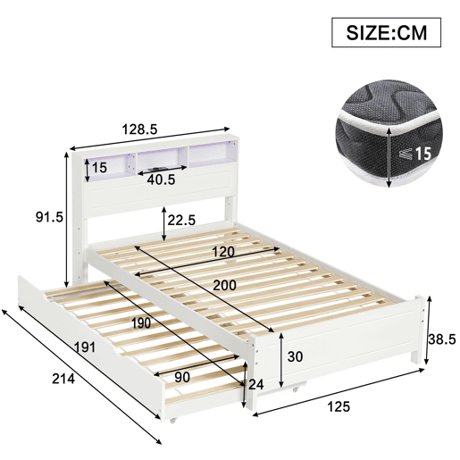 Cama gavetão de madeira de pinho y mdf 90x190(120x200)cm com luz led,branco Cama gavetão de madeira de pinho y mdf 90x190(120x200)cm com luz led,branco