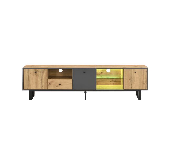 Mueble TV 190cm de panel de partículas con 3 puertas,1 cajón y luz led,negro+madera