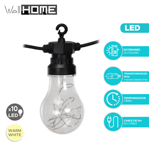 Well Home Garland de 10 luzes LED quentes com temporizador
