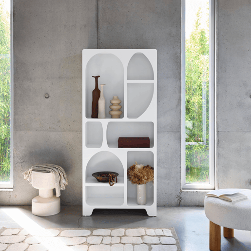 Estante orgânica com efeito de madeira branca, 8 compartimentos, Thessa, Branco, 80x35x180 cm