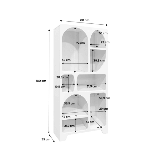 Estante orgânica com efeito de madeira branca, 8 compartimentos, Thessa, Branco, 80x35x180 cm