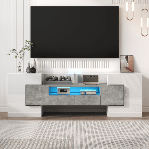 Móvel de TV 145cm de painel de partículas com 4 portas,2 gavetas e luz led,cinzento