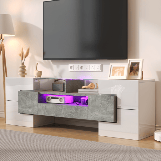 Móvel de TV 145cm de painel de partículas com 4 portas,2 gavetas e luz led,cinzento