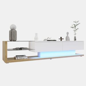 Móvel de TV 170cm de painel de partículas com 2 gavetas e luz led,branco+natural