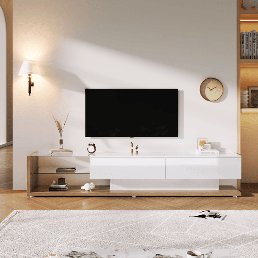 Móvel de TV 170cm de painel de partículas com 2 gavetas e luz led,branco+natural
