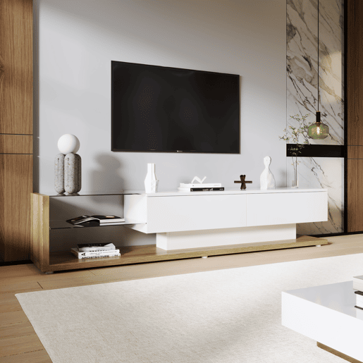 Móvel de TV 170cm de painel de partículas com 2 gavetas e luz led,branco+natural