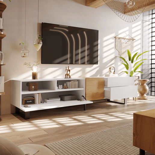Móvel de TV 180cm de mdf com 2 portas e 2 gavetas,branco+madeira