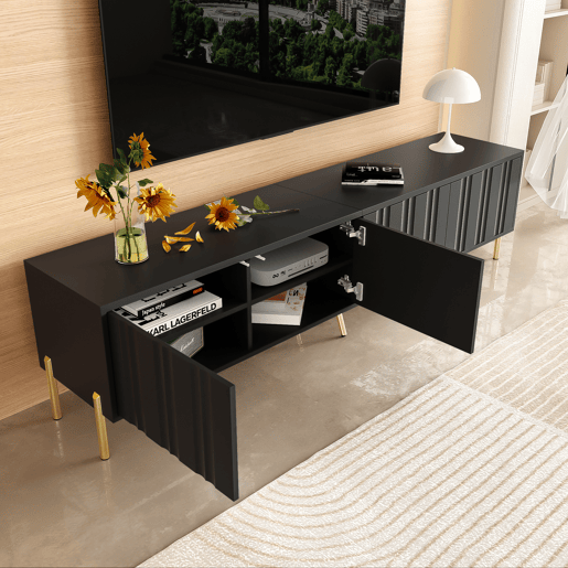 Móvel de TV 190cm de mdf e painel de partículas com 4 portas,preto Móvel de TV 190cm de mdf e painel de partículas com 4 portas,preto