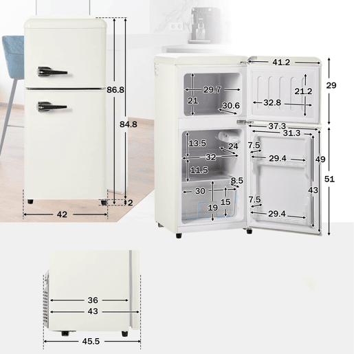 Frigorífico mini retro 88,8cm 60L de ferro e plástico com 2 portas e luz led,branco
