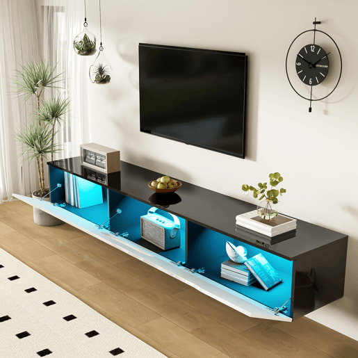 Móvel de TV 180cm de mdf e painel de partículas com 3 portas giratórias e luz led,branco