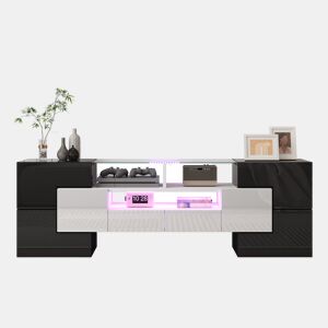Móvel de TV 145cm de painel de partÃculas com 4 portas,2 gavetas e luz led,branco+preto