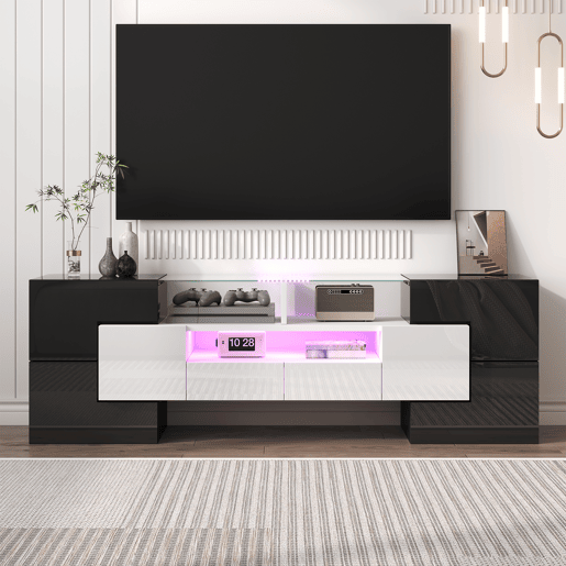 Móvel de TV 145cm de painel de partículas com 4 portas,2 gavetas e luz led,branco+preto