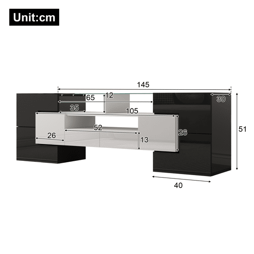 Móvel de TV 145cm de painel de partículas com 4 portas,2 gavetas e luz led,branco+preto