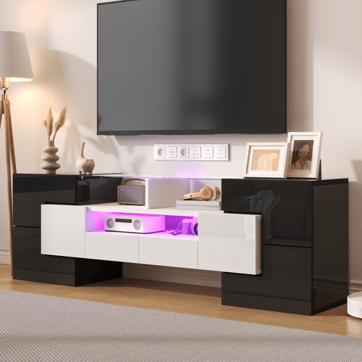 Móvel de TV 145cm de painel de partículas com 4 portas,2 gavetas e luz led,branco+preto