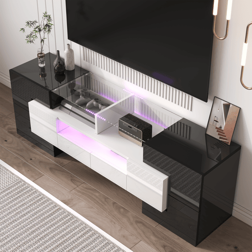 Móvel de TV 145cm de painel de partículas com 4 portas,2 gavetas e luz led,branco+preto