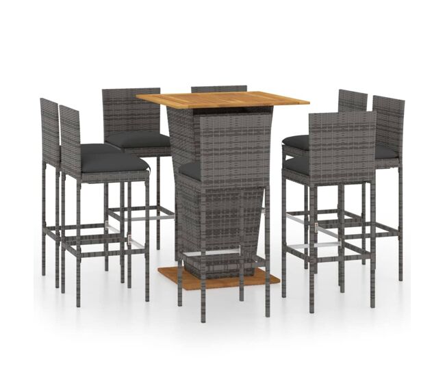 Set de muebles de bar de jardín 9 pzas y cojines ratán pe gris