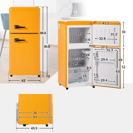 Frigorífico mini retro 88,8cm 60L de ferro e plástico com 2 portas e luz led,amarelo