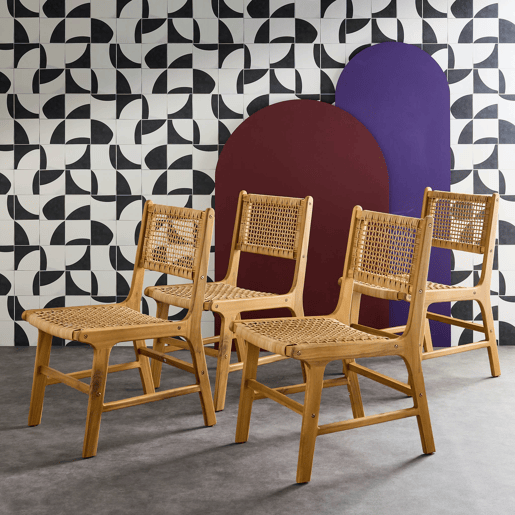 Cadeira de jardim de cana e madeira, set de 4, Ocara, Natural, 61x51x85 cm