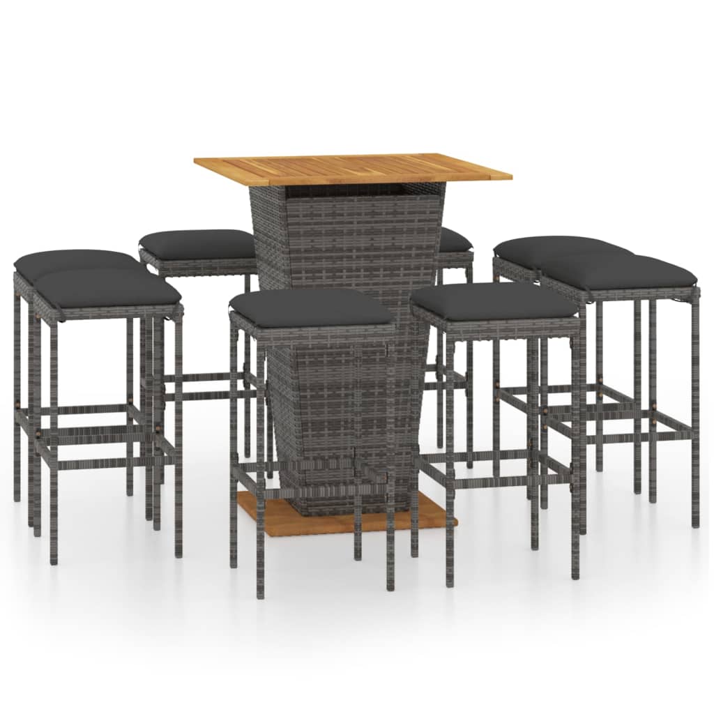 Set de muebles de bar de jardín 9 pzas y cojines ratán pe gris