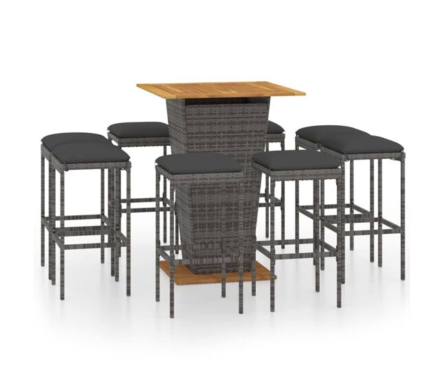 Set de muebles de bar de jardín 9 pzas y cojines ratán pe gris