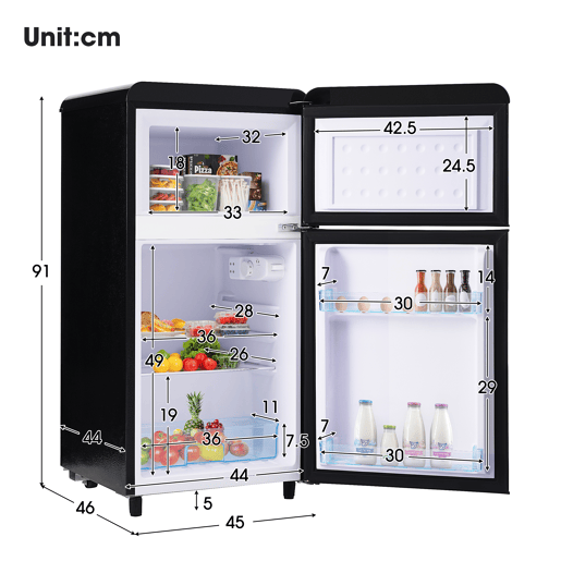 Frigorífico mini retro 91cm 72L de ferro e plástico com 2 portas e luz led,preto