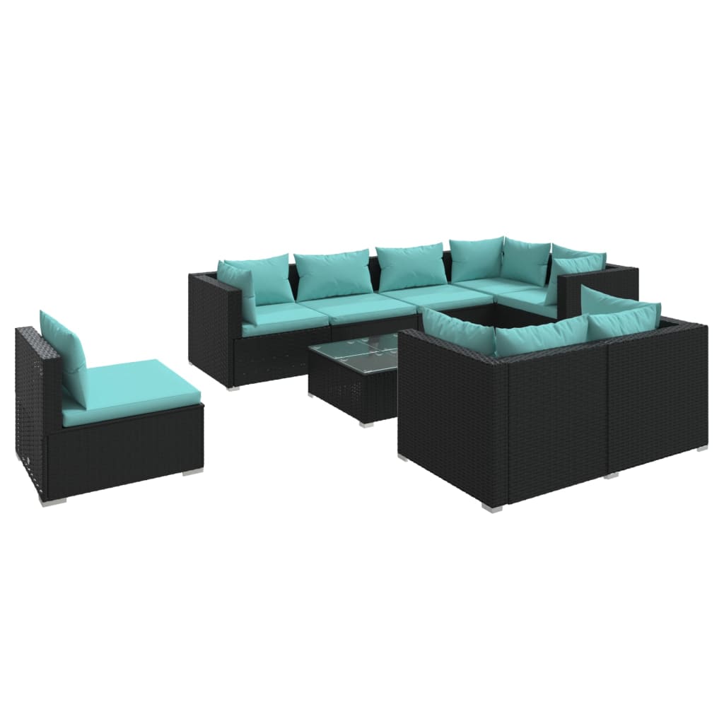 Set de muebles de jardín 9 pzas y cojines ratán sintético negro