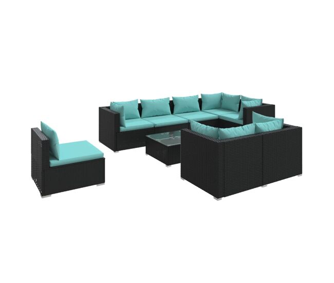 Set de muebles de jardín 9 pzas y cojines ratán sintético negro