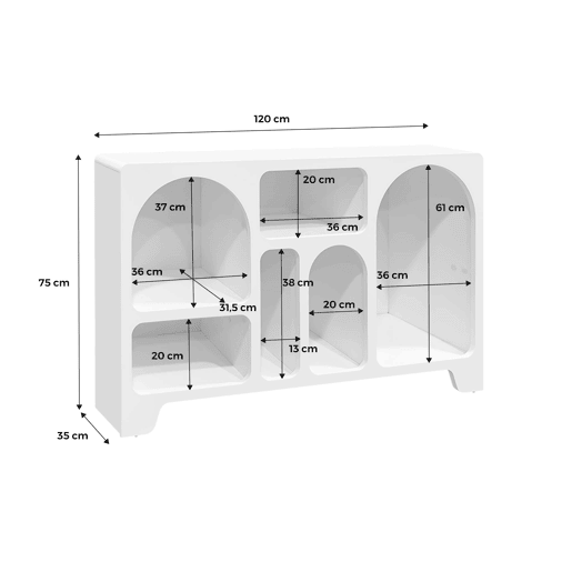 Aparador orgânico efeito madeira, 6 compartimentos, Thessa, Branco, 120x35x75 cm