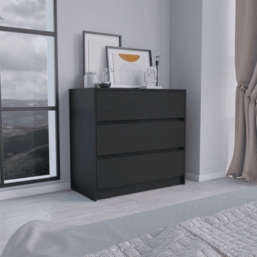 Cómoda Austin em melamina com 3 gavetas com calhas metálicas, preta , 80 cm X 85 cm X 42 cm