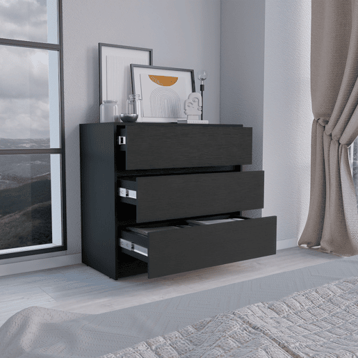 Cómoda Austin em melamina com 3 gavetas com calhas metálicas, preta , 80 cm X 85 cm X 42 cm