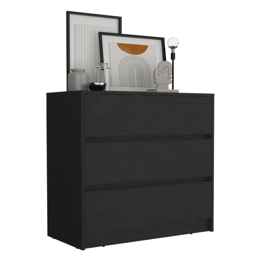 Cómoda Austin em melamina com 3 gavetas com calhas metálicas, preta , 80 cm X 85 cm X 42 cm